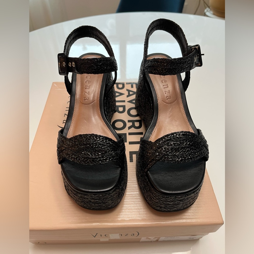 NIB Anthropologie Vicenza Raffia Platform Heels in Black Sz 38 / US 7- 7.5